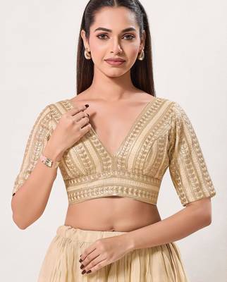 women's jain silk blend  padded back open elbow-sleeves saree blouse 1