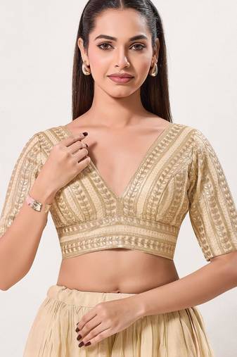 women's jain silk blend  padded back open elbow-sleeves saree blouse