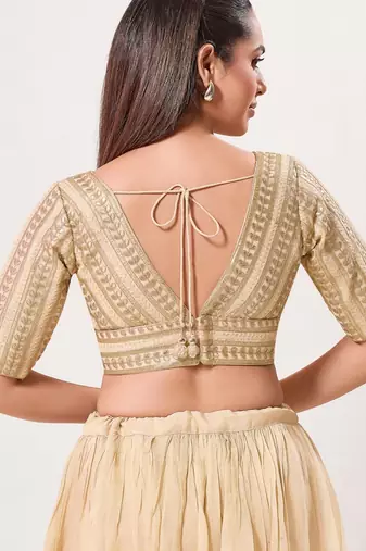 women's jain silk blend  padded back open elbow-sleeves saree blouse