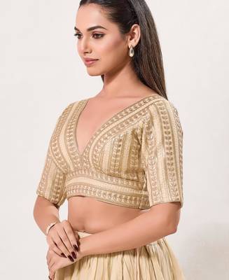 women's jain silk blend  padded back open elbow-sleeves saree blouse 3