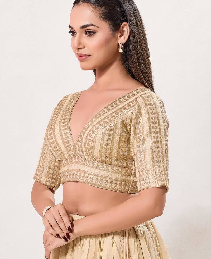women's jain silk blend  padded back open elbow-sleeves saree blouse