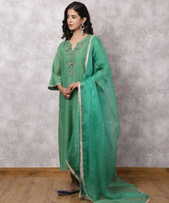 Green chanderi hand embroidered suit set with dupatta, stitched 1
