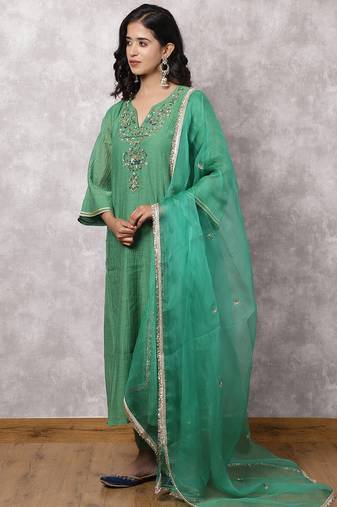 Green chanderi hand embroidered suit set with dupatta
