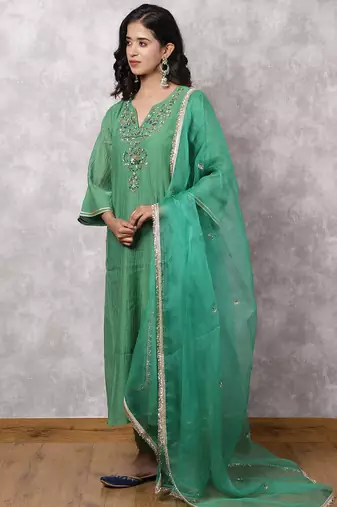 Green chanderi hand embroidered suit set with dupatta