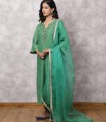 Green chanderi hand embroidered suit set with dupatta, stitched