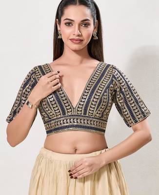 women's jain silk blend  padded back open elbow-sleeves saree blouse 1