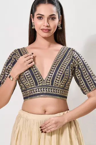 women's jain silk blend  padded back open elbow-sleeves saree blouse