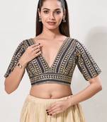 women's jain silk blend  padded back open elbow-sleeves saree blouse
