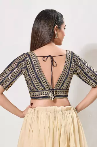 women's jain silk blend  padded back open elbow-sleeves saree blouse