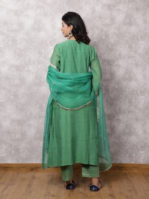 Green chanderi hand embroidered suit set with dupatta, stitched 4