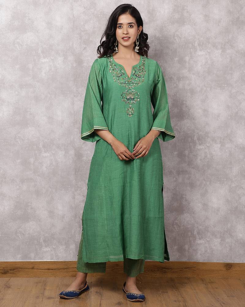 Green chanderi kurta set with hand embroidered yoke, stitched