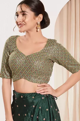women's dupion silk blend  padded back open elbow-sleeves saree blouse