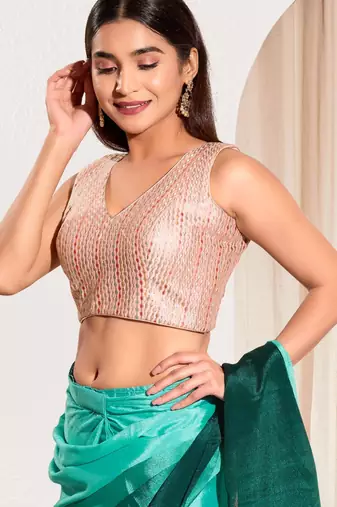 women's dupion silk blend  padded back open sleeveless saree blouse