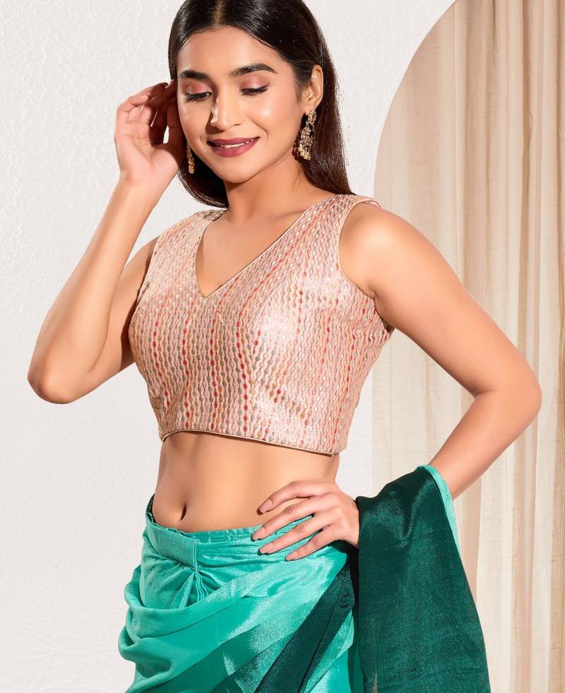 women's dupion silk blend  padded back open sleeveless saree blouse