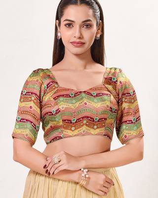 women's silk blend  padded back open elbow-sleeves saree blouse 1