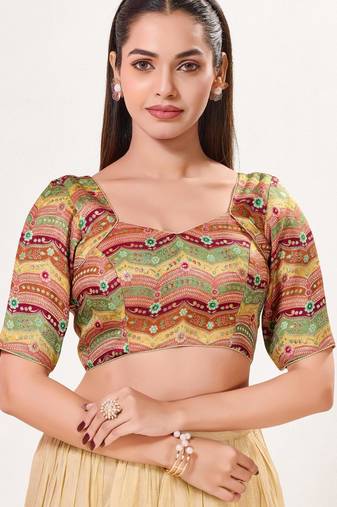 women's silk blend  padded back open elbow-sleeves saree blouse