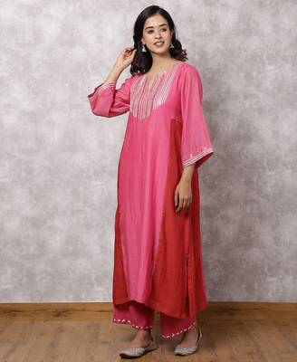 Fuchsia chanderi colorblock a-line kurta set 1