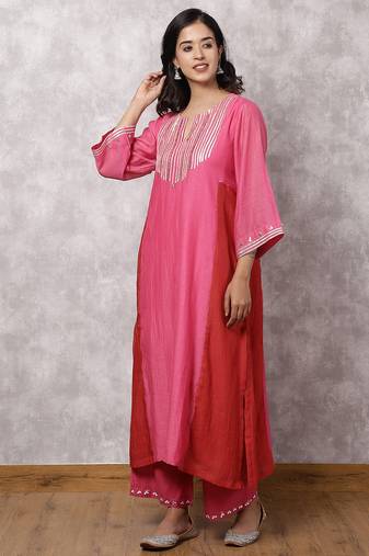 Fuchsia chanderi colorblock a-line kurta set