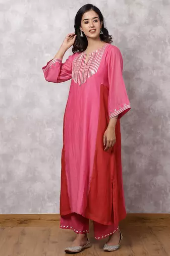 Fuchsia chanderi colorblock a-line kurta set