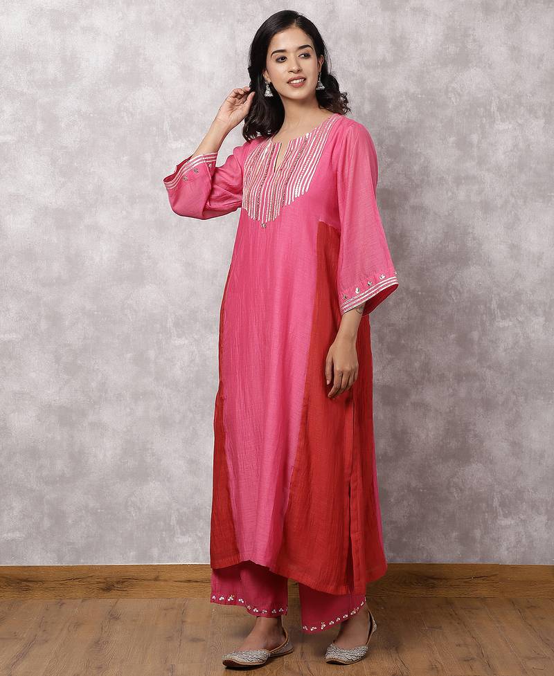 Fuchsia chanderi colorblock a-line kurta set