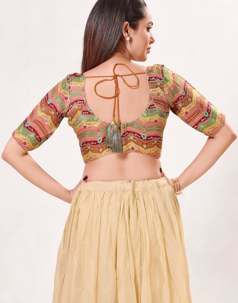 women's silk blend  padded back open elbow-sleeves saree blouse