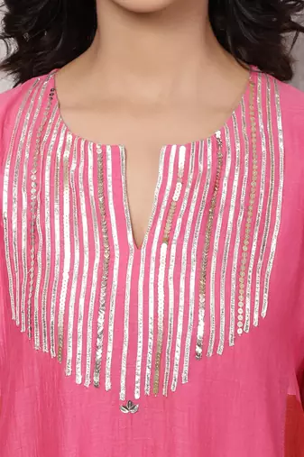 Fuchsia chanderi colorblock a-line kurta set