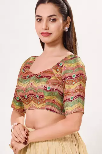 women's silk blend  padded back open elbow-sleeves saree blouse