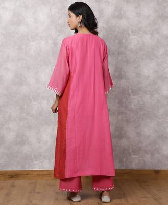 Fuchsia chanderi colorblock a-line kurta set 4