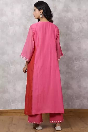 Fuchsia chanderi colorblock a-line kurta set
