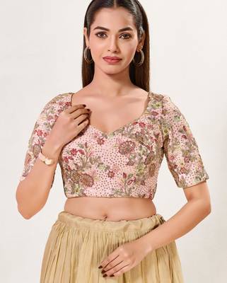women's silk blend  padded back open elbow-sleeves saree blouse 1