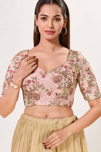 women's silk blend  padded back open elbow-sleeves saree blouse