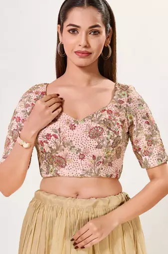 women's silk blend  padded back open elbow-sleeves saree blouse