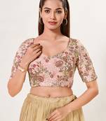 women's silk blend  padded back open elbow-sleeves saree blouse