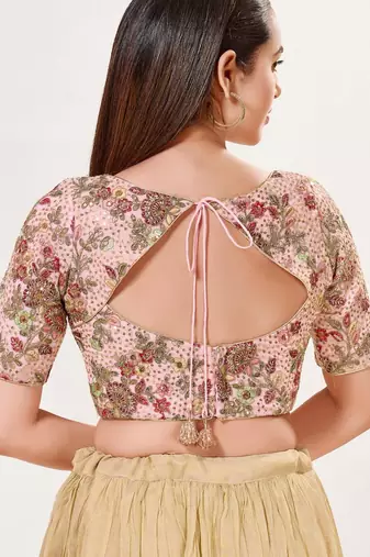 women's silk blend  padded back open elbow-sleeves saree blouse