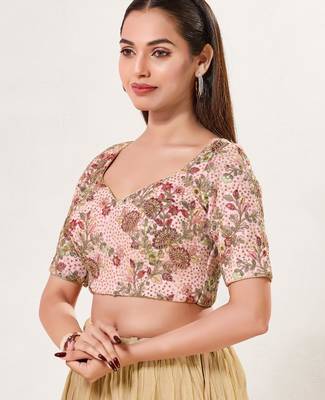 women's silk blend  padded back open elbow-sleeves saree blouse 3