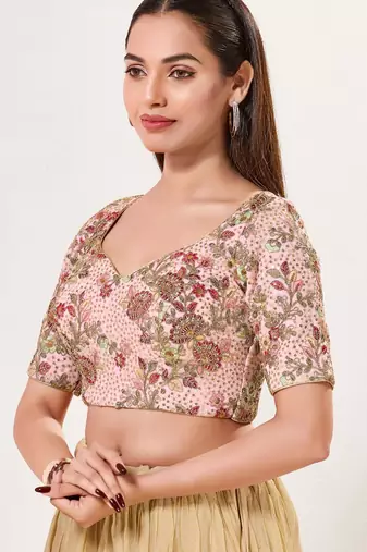 women's silk blend  padded back open elbow-sleeves saree blouse