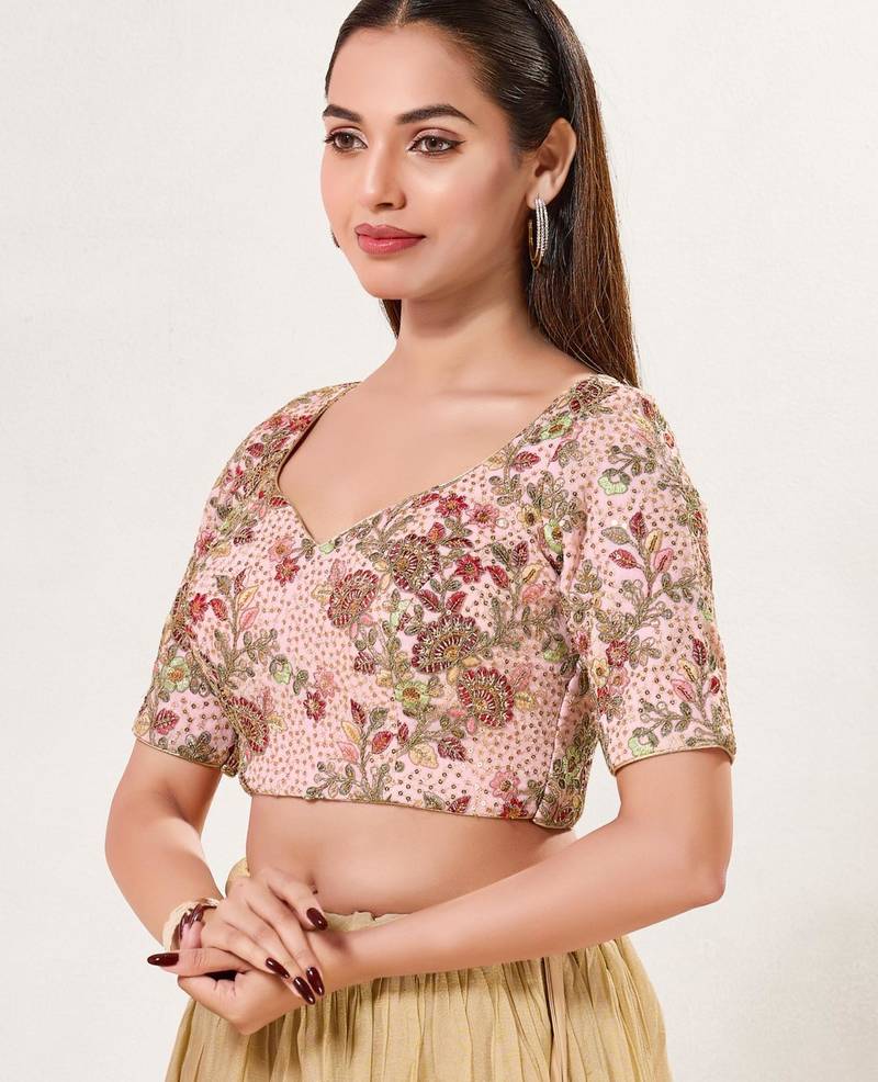 women's silk blend  padded back open elbow-sleeves saree blouse
