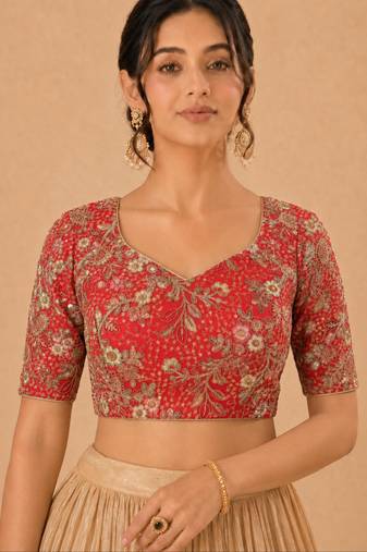 women's silk blend  padded back open elbow-sleeves saree blouse