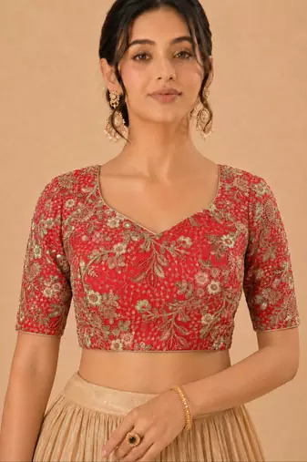 women's silk blend  padded back open elbow-sleeves saree blouse