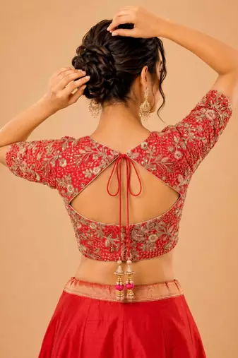 women's silk blend  padded back open elbow-sleeves saree blouse
