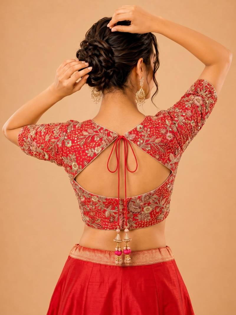 women's silk blend  padded back open elbow-sleeves saree blouse