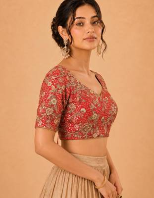 women's silk blend  padded back open elbow-sleeves saree blouse 3