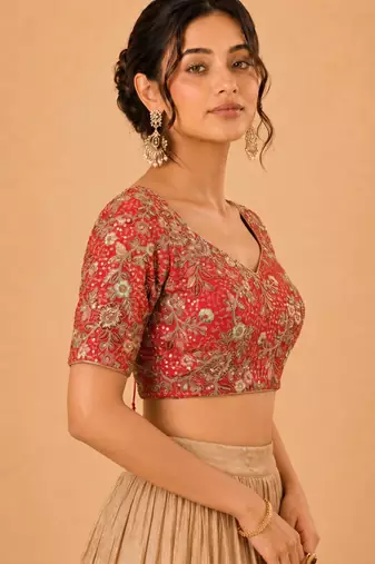 women's silk blend  padded back open elbow-sleeves saree blouse