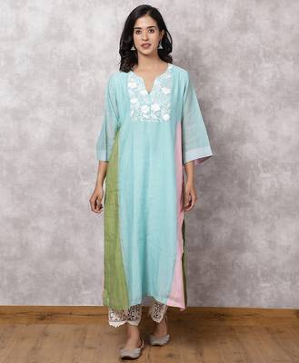 Aqua chanderi colorblock a-line kurta set 1