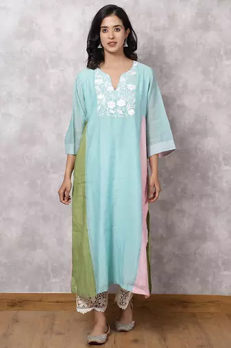 Aqua chanderi colorblock a-line kurta set