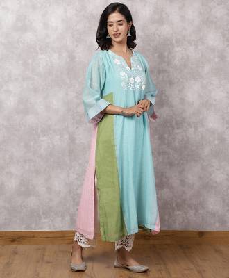 Aqua chanderi colorblock a-line kurta set 2