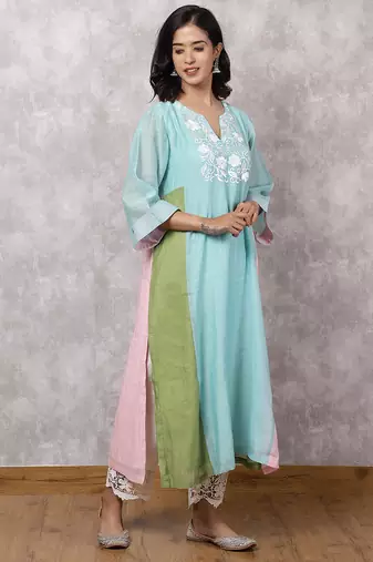 Aqua chanderi colorblock a-line kurta set