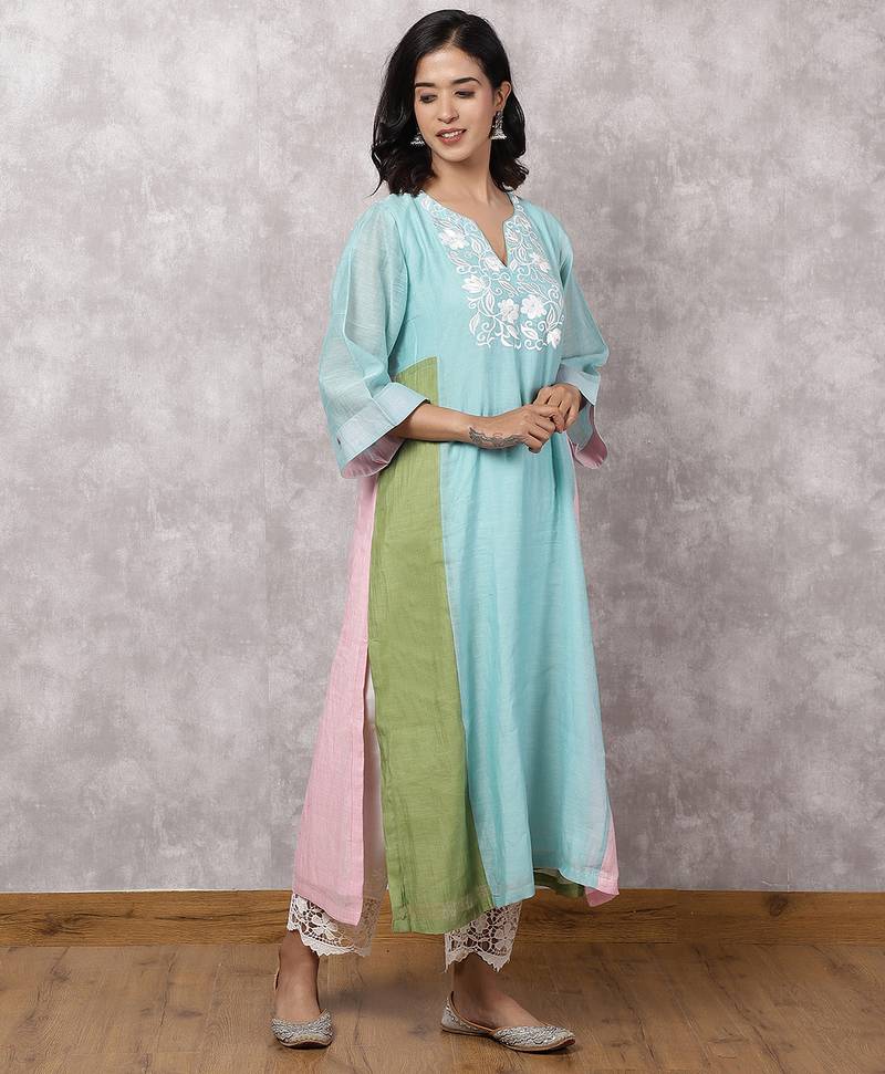 Aqua chanderi colorblock a-line kurta set