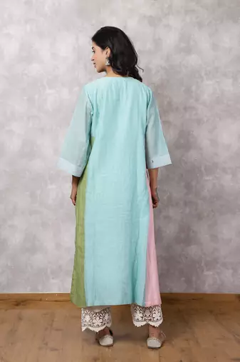 Aqua chanderi colorblock a-line kurta set