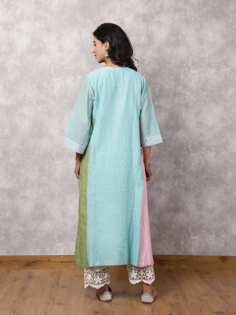 Aqua chanderi colorblock a-line kurta set